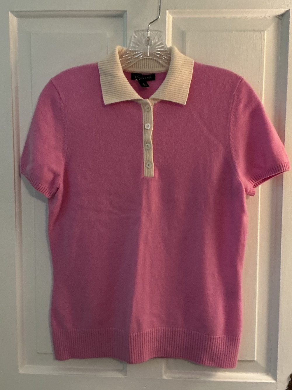 Land’s End cashmere cream and orchid short sleeve polo sweater Sz Small